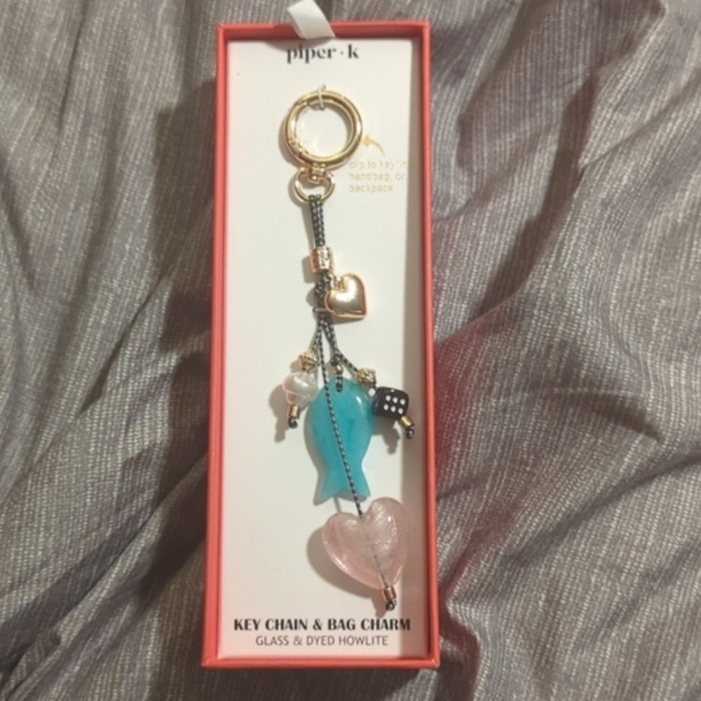 Piper K Blue Fish Pink Heart Key Chain Bag Charm New In box